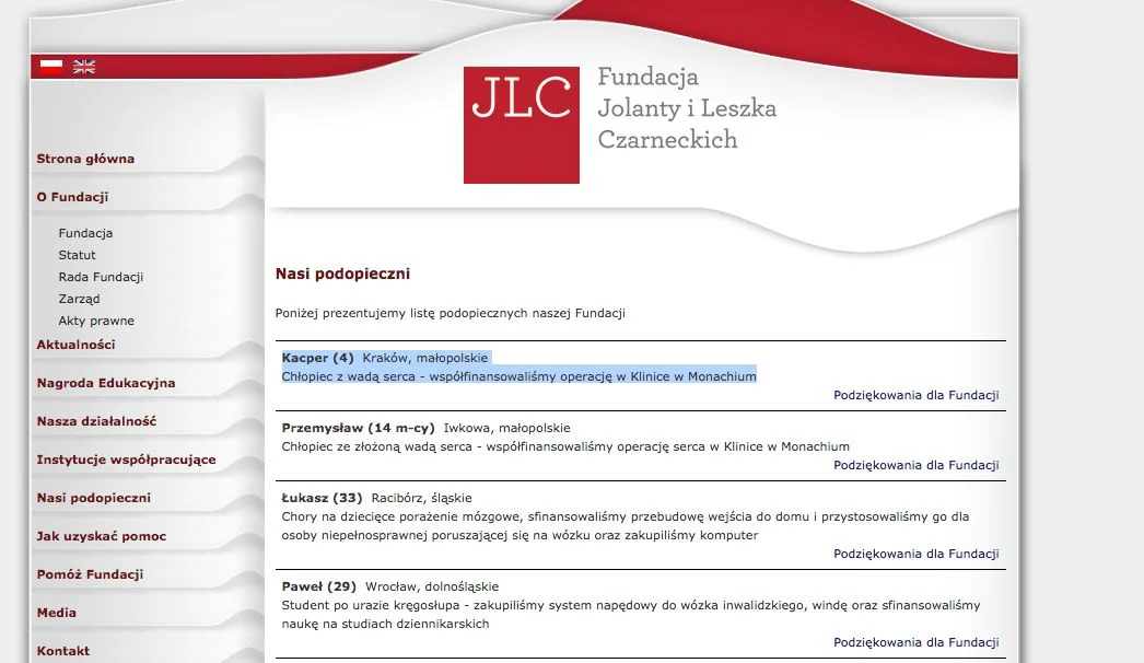 Na stronie fundacji można znaleźć takie podziękowania
