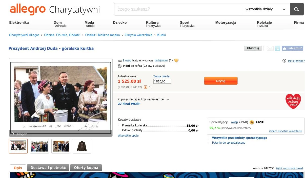 Można wylicytować kurtkę prezydenta Andrzeja Dudy.
