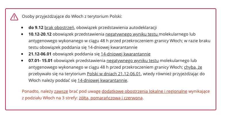 Wytyczne dla Polaków podróżujących do Włoch.