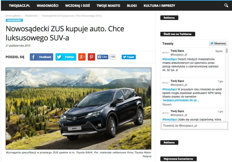 Większość portali poinformowało, że ZUS kupuje luksusowe SUV-y. W rzeczywistości chodzi o jedno auto.