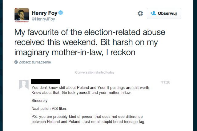 Korespondent Financial Timesa publikuje na swoim Twitterze kipiącą nienawiścią wiadomość „nazistowskiego polskiego sympatyka PiS”