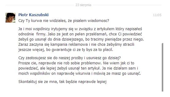 Groźby jakie Piotr Kaszubski miał wysłać autorowi bloga.