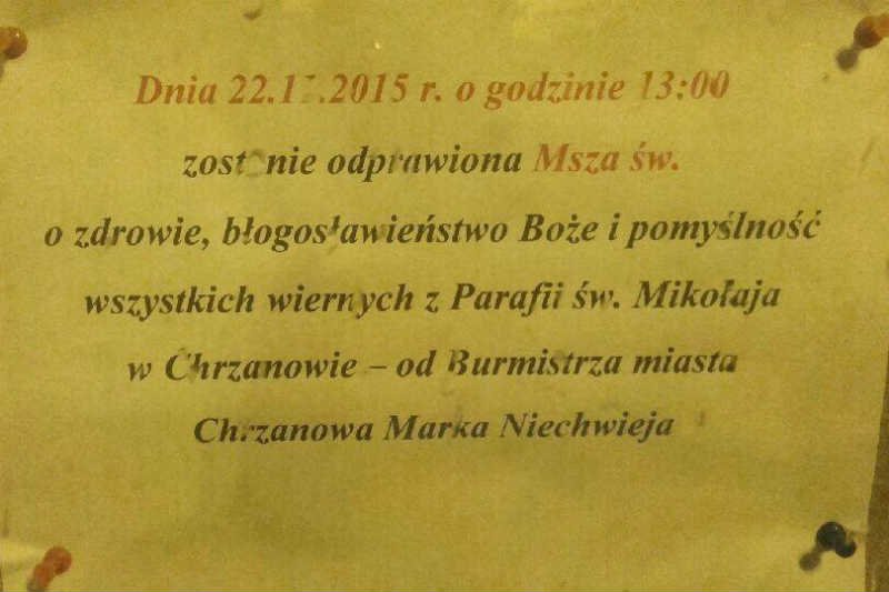 Burmistrz Chrzanowa walczy o sympatię wyborców zamawiając dla nich mszę.