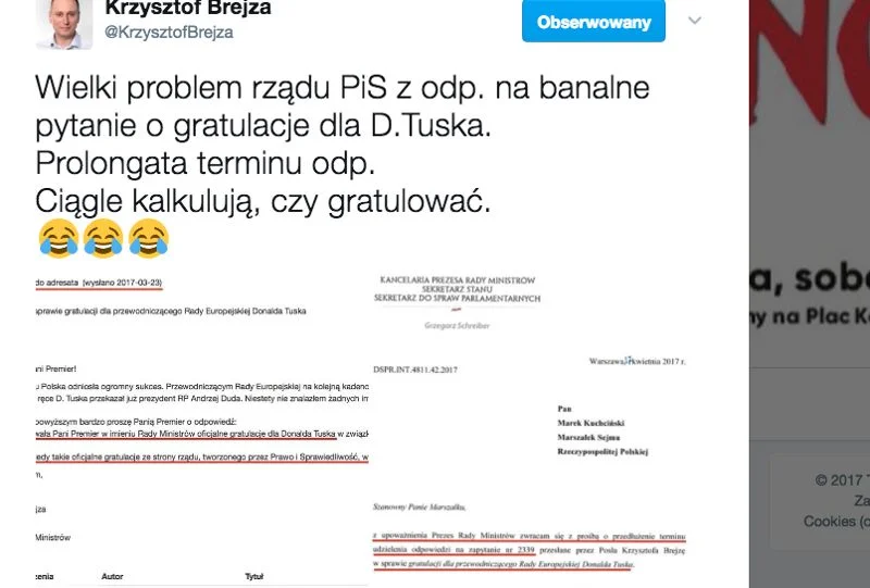 Poseł PO na Twitterze zamieścił treść pisma, jakie skierował do premier Beaty Szydło