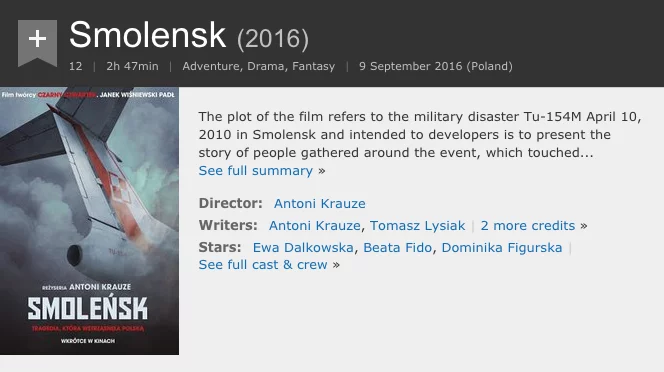 Przygoda, dramat, fantasy - do takich kategorii przypisano "Smoleńsk" w IMDb.