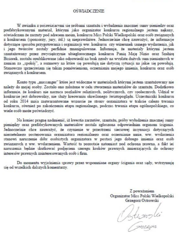 Oświadczenie organizatora konkursu.