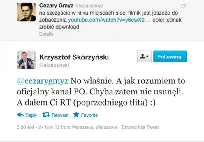 Rozmowa Krzysztofa Skórzyńskiego i Cezarego Gmyza na Twitterze.
