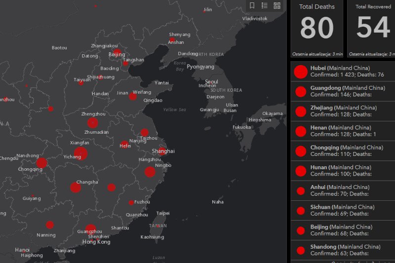 Na mapie nanoszone są wszystkie przypadki stwierdzenia koronawirusa z Wuhan.