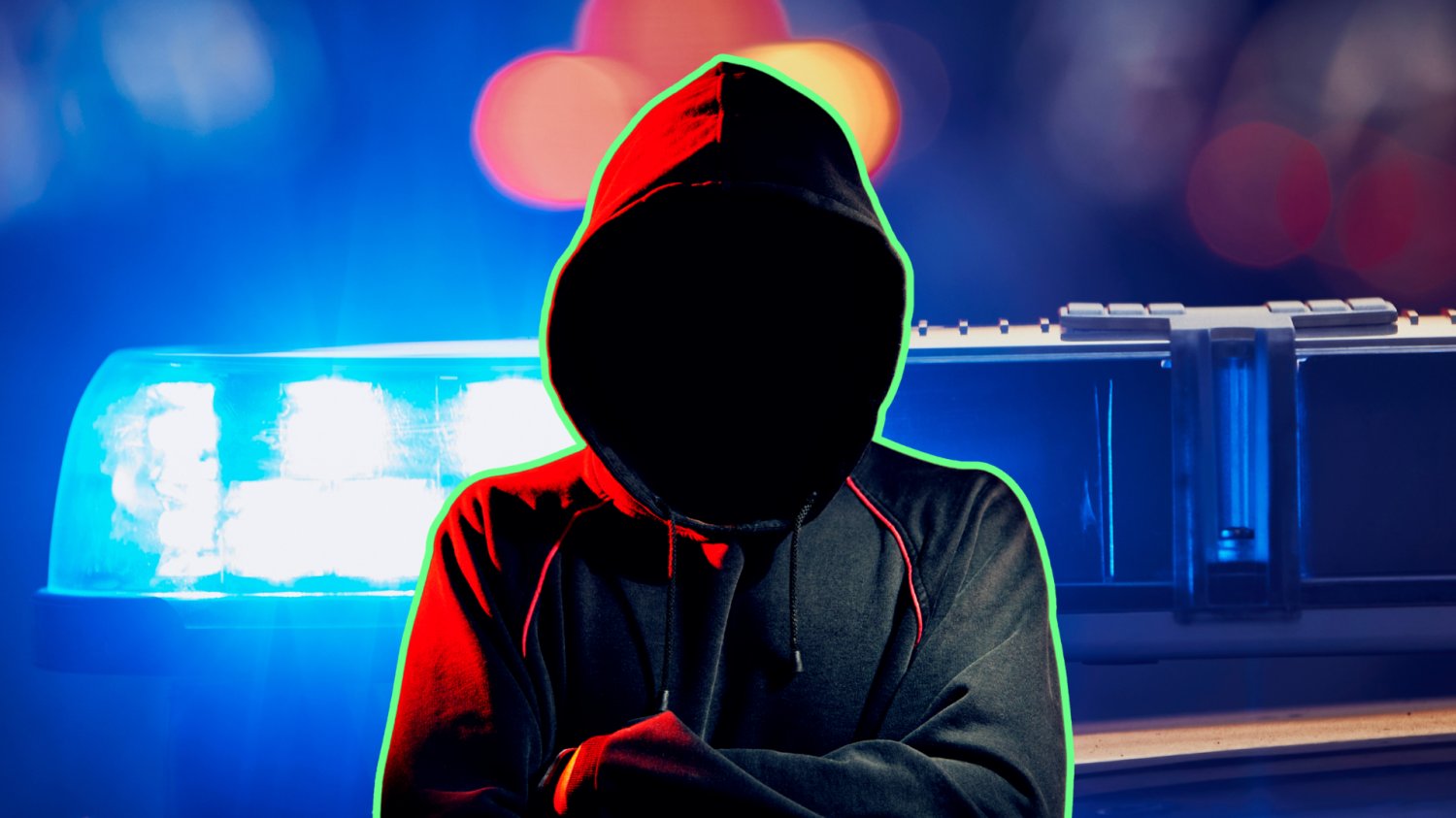 Nowe informacje nt. fałszywych alarmów. Jeden ze sprawców to znany służbom cyberterrorysta Kolaż, w tle syrena samochodu policyjnego, na pierwszym planie osoba w bluzie z niewidoczną twarzą i skrzyżowanymi rękoma.