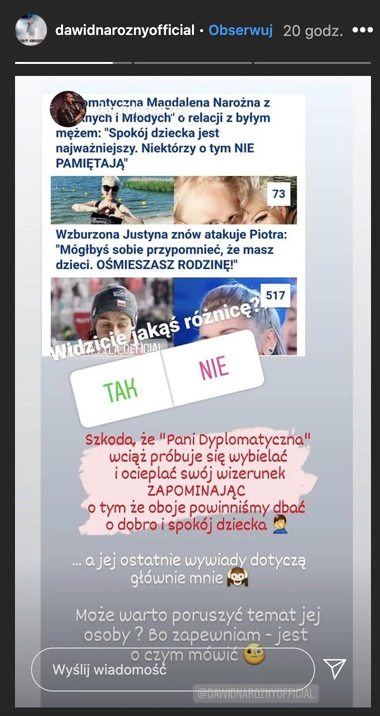 Dawid Narożny znowu krytykuje swoją byłą żonę.