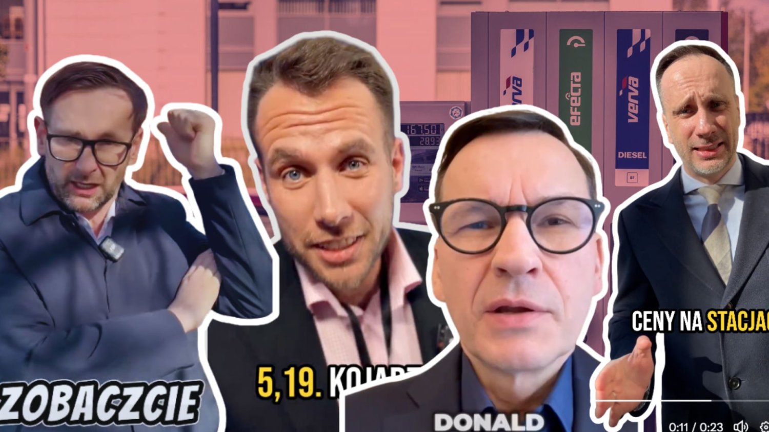 Daniel Obajtek, Jan Kanthak, Janusz Kowalski i Mateusz Morawiecki na tle stacji paliw