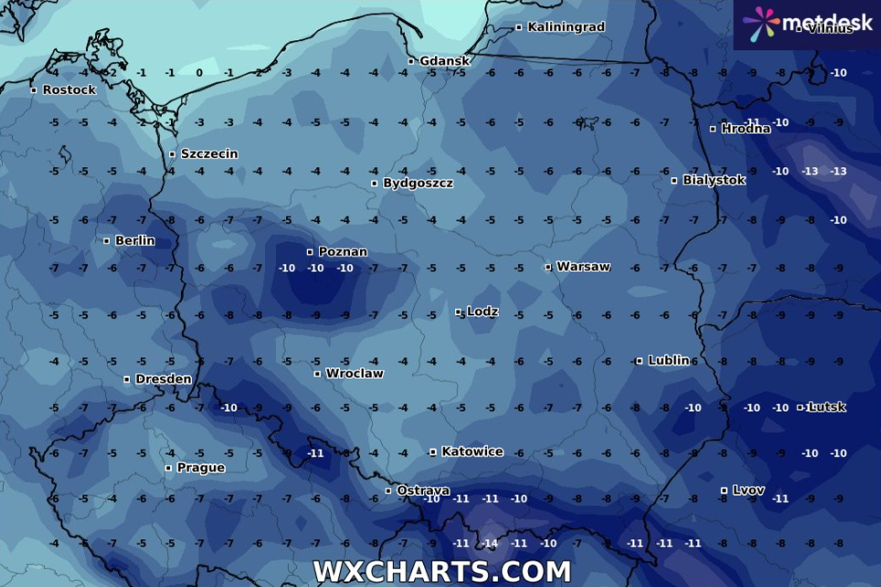 Temperatura w weekend dalej będzie spadać. W nocy z niedzieli na poniedziałek może być nawet około -10 stopni.