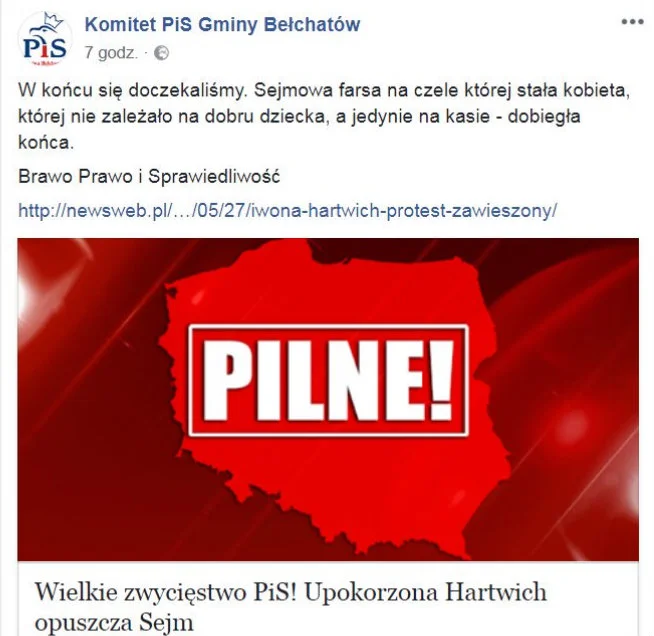 Taki wpis pojawił się na fanpage'u Komitetu PiS Gminy Bełchatów.