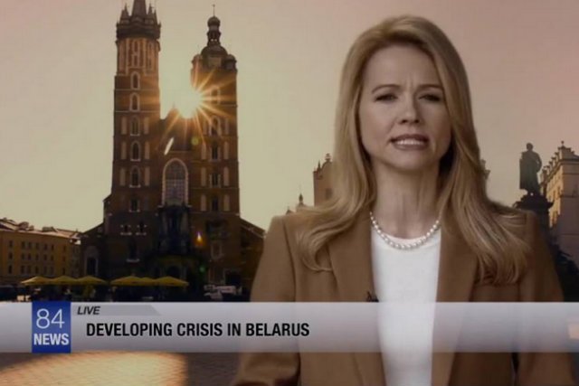 Prezenterka w serialu "Scorpion" mówiąc o kryzysie na Białorusi ma w tle Bazylikę Mariacką i pomnik Mickiewicza.