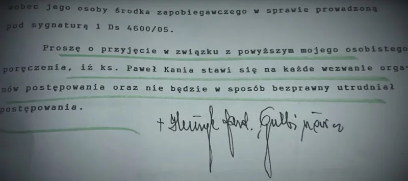 Poręczenie kard. Gulbinowicza za ks. Kanię.