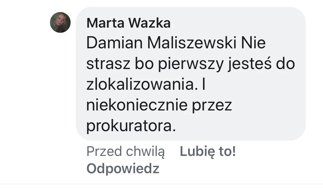 Zrzut ekranu z groźbami karalnymi, które publikują fani Zofii Klepackiej po publikacji tego apelu.