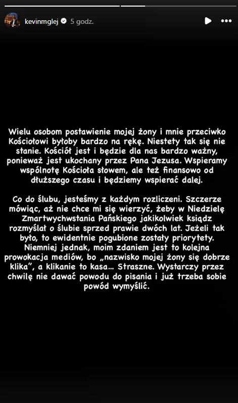 Oświadczenie Kevina Mgleja ws. płatności za ślub z Roksaną Węgiel