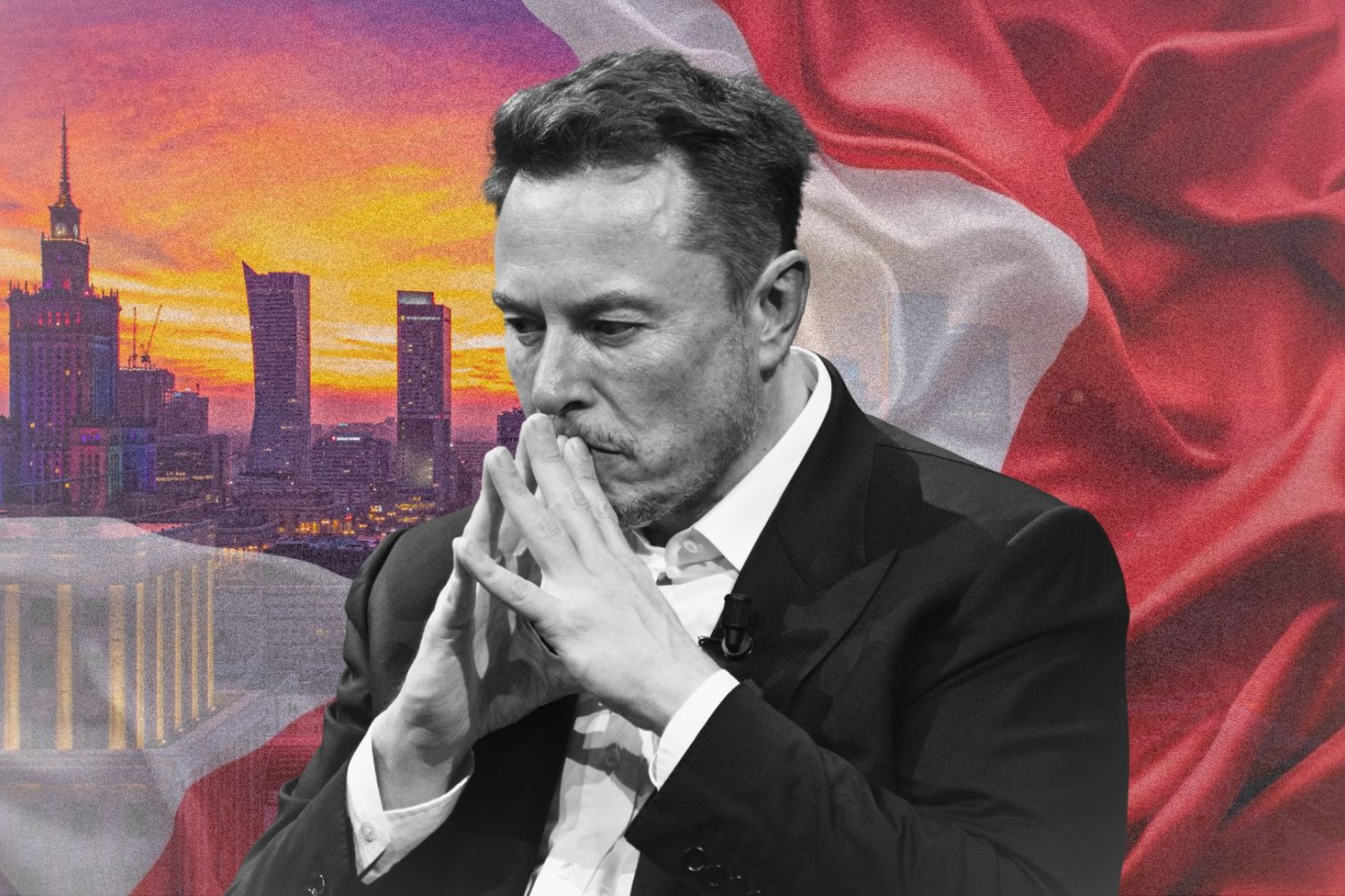Elon Musk. W tle flaga Polski i widok na stolicę Polski, Warszawę