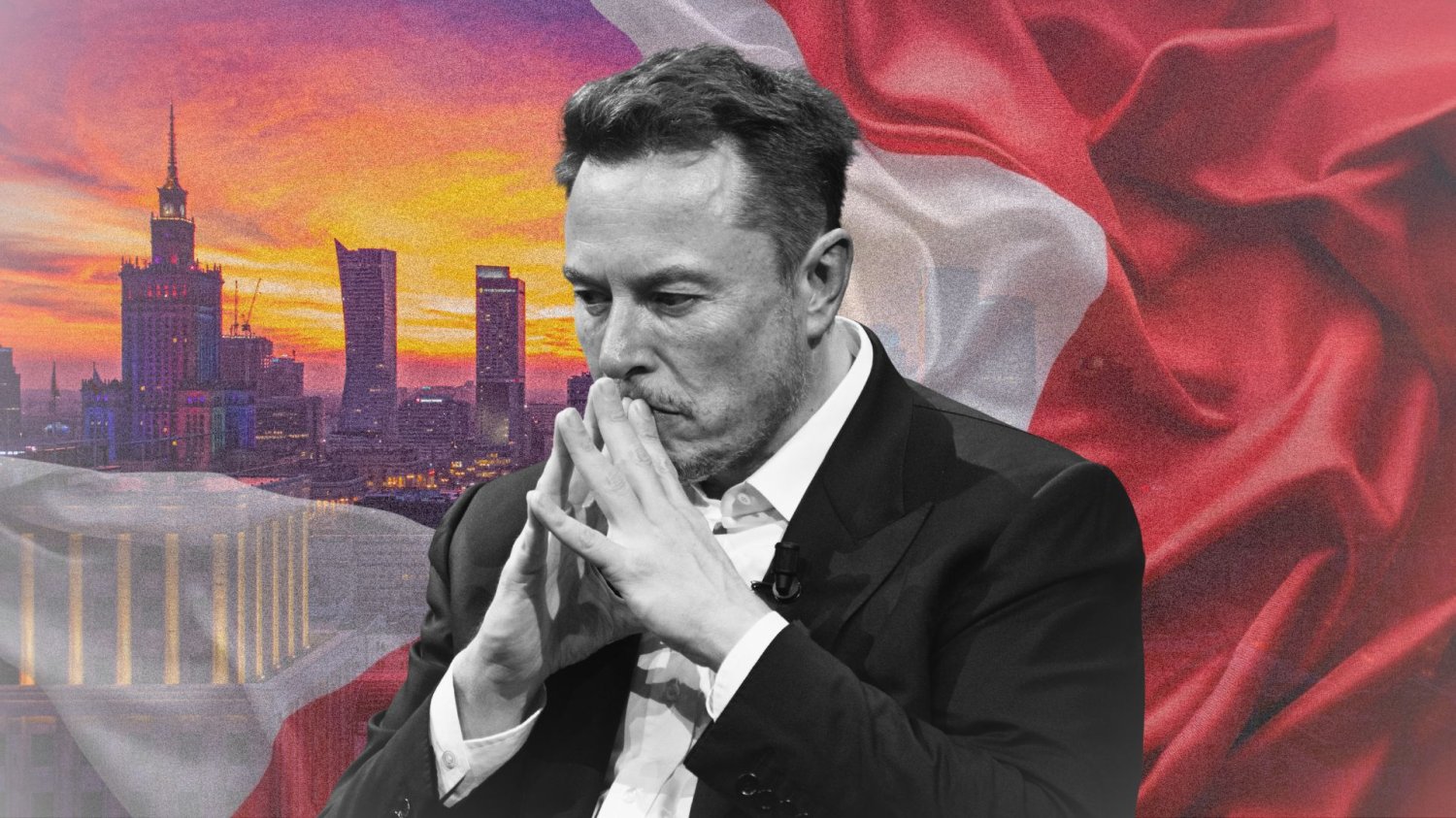 Elon Musk znów wspomina o Polsce. Elon Musk. W tle flaga Polski i widok na stolicę Polski, Warszawę