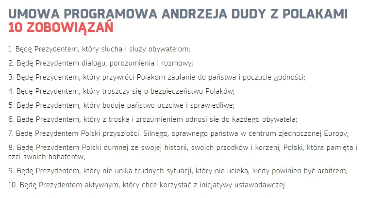 Fragment Umowy Programowej Andrzeja Dudy.