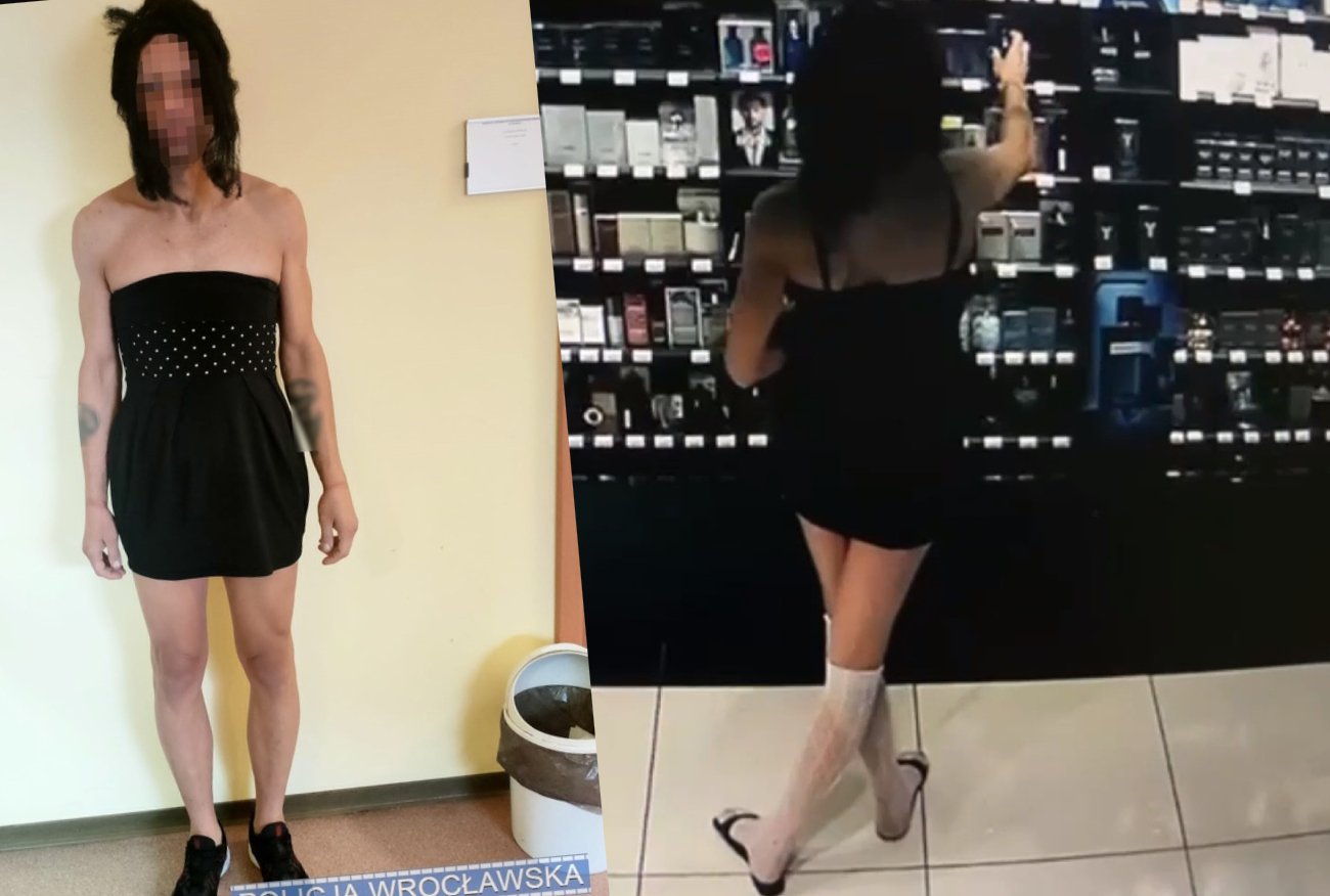 Wrocław. Tak okradał sklepy w przebraniu kobiety. Policja ujawnia nagrania.