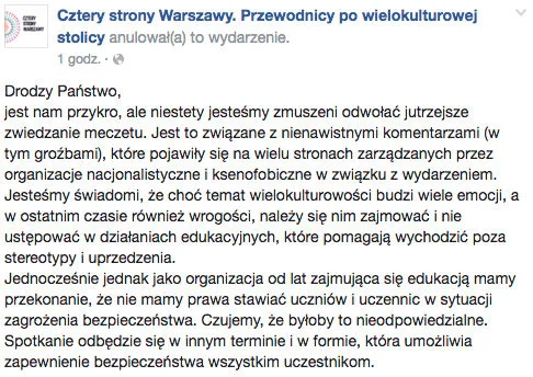 Organizatorzy odwołują zwiedzanie warszawskiego meczetu.