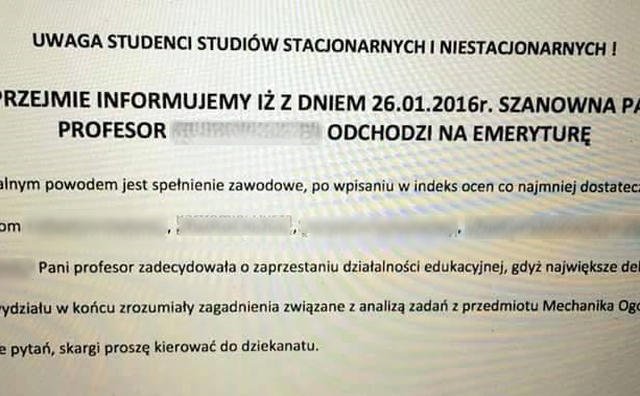 Oryginalna informacja o odejściu profesor mechaniki