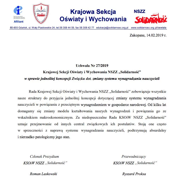 Uchwała Krajowej Sekcji Oświaty i Wychowania NSZZ "S" ws. postulatów płacowych.