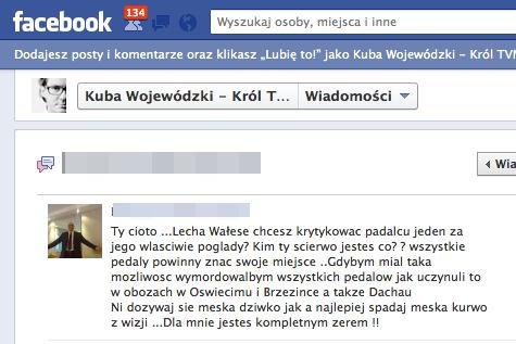 Treść wiadomości, którą otrzymał na Facebooku Kuba Wojewódzki