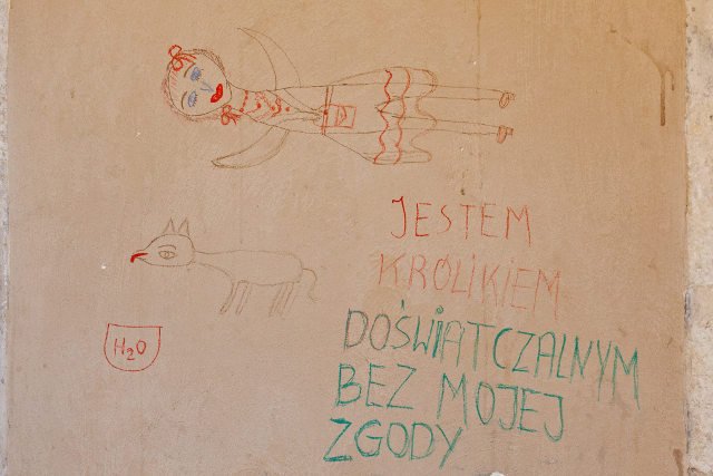 Rysunki i napisy, które Hanna G. umieściła na elewacji krakowskich Sukiennic