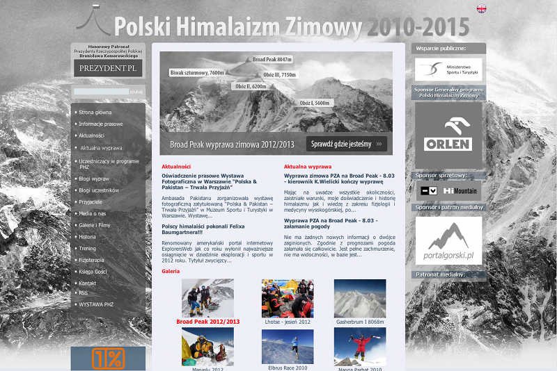 Strona projektu Polski Himalaizm Zimowy 2010 - 2015 w czarno-białych barwach po uznaniu polskich himalaistów za zmarłych.