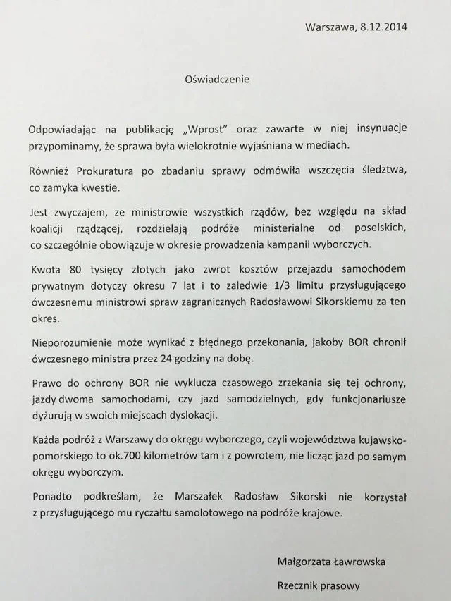 Oświadczenie rzecznik prasowej marszałka Sejmu Radosława Sikorskiego