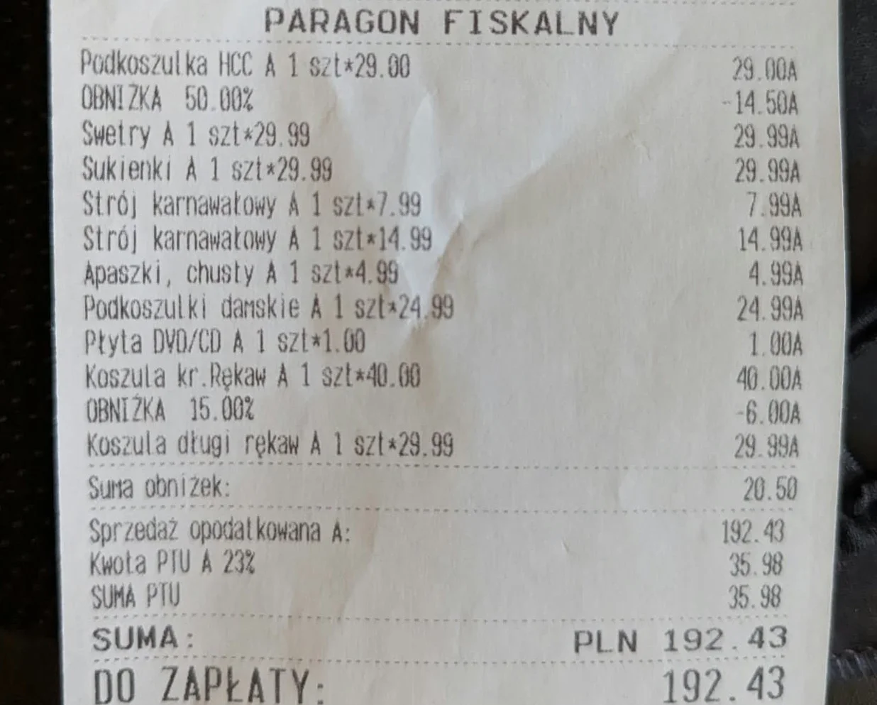 aragon fiskalny ze sklepu firmowego Vive Profit w Łodzi z 19 października 2026 roku na kwotę 192,43 zł