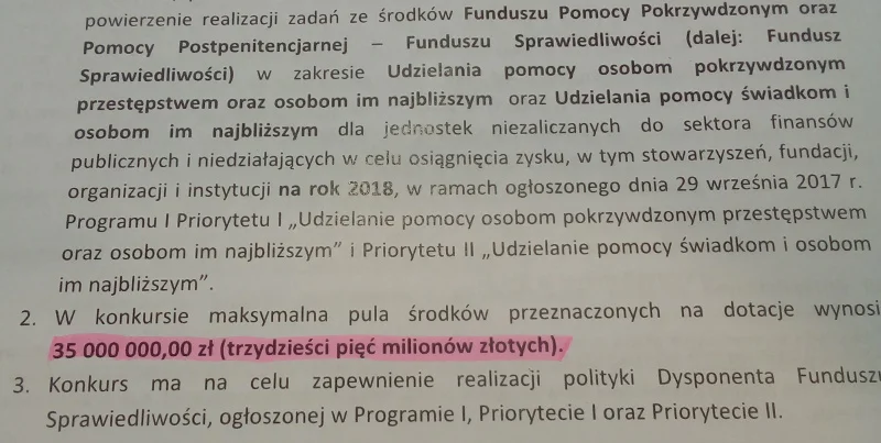 W ministerialnym ogłoszeniu mowa jest o sumie 35 mln zł przeznaczonej w konkursie na dotacje z Funduszu Sprawiedliwości. To prawie 2 razy więcej niż rok wcześniej, ale...