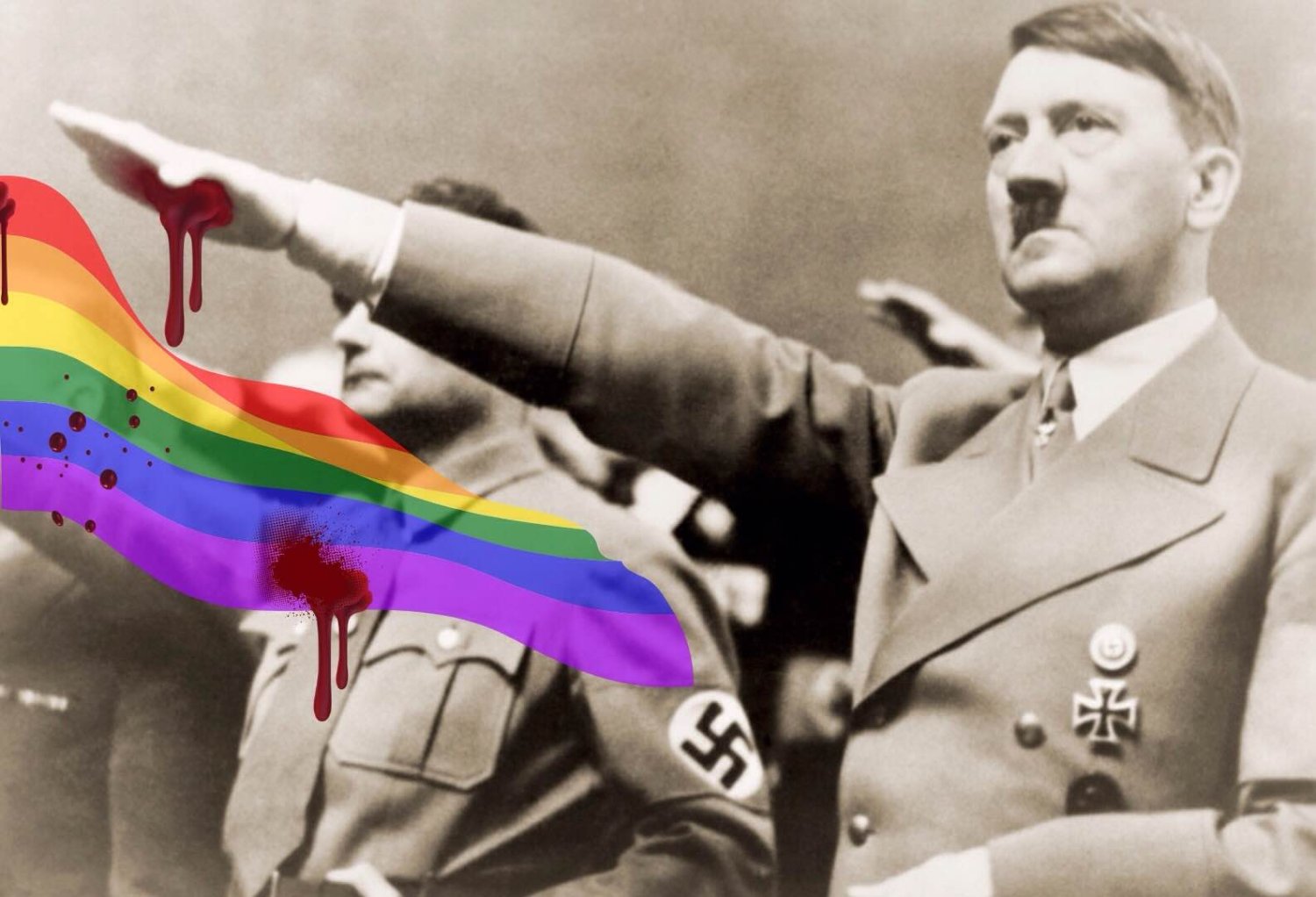 Adolf Hitler z zakrwawioną dłonią symbolizującą rzeź na osobach LGBT.