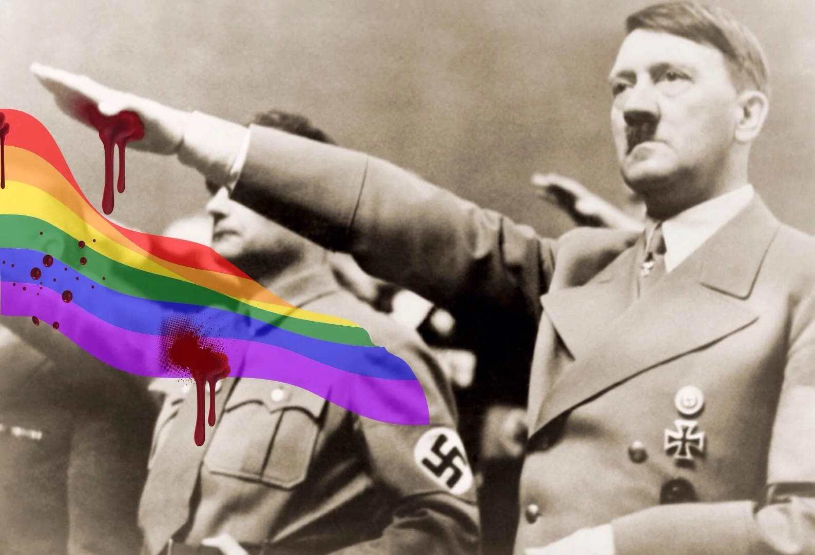 Adolf Hitler z zakrwawioną dłonią symbolizującą rzeź na osobach LGBT.