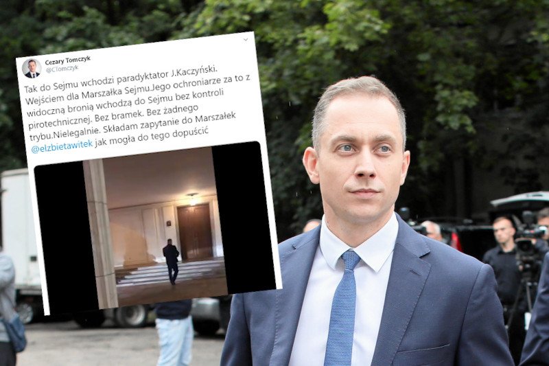Poseł PO Cezary Tomczyk zwraca uwagę na zachowanie Jarosława Kaczyńskiego.