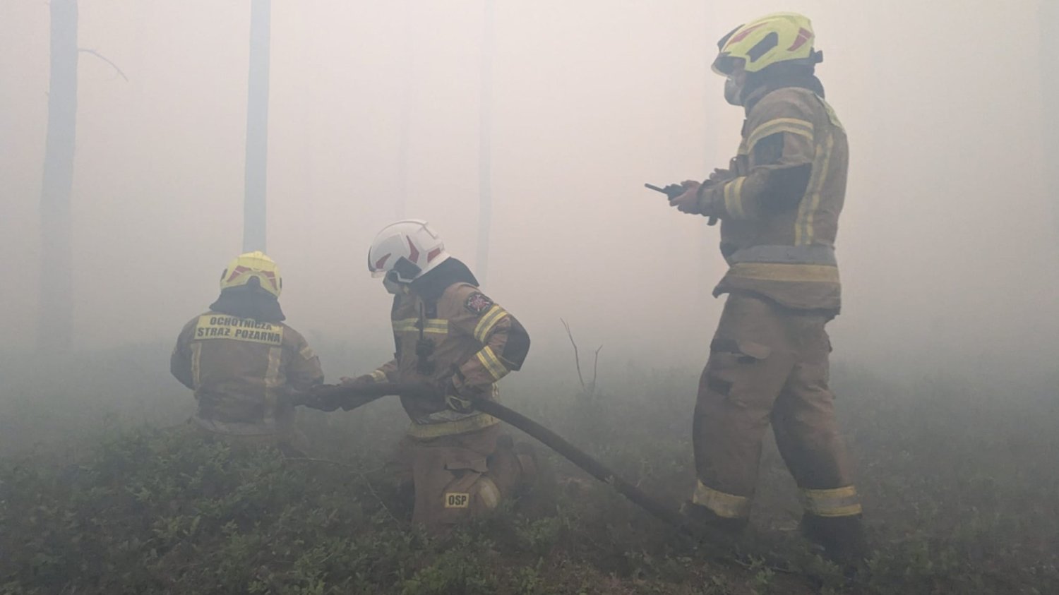 Strażacy gaszący gigantyczny pożar lasu na Mazowszu w gęstym dymie