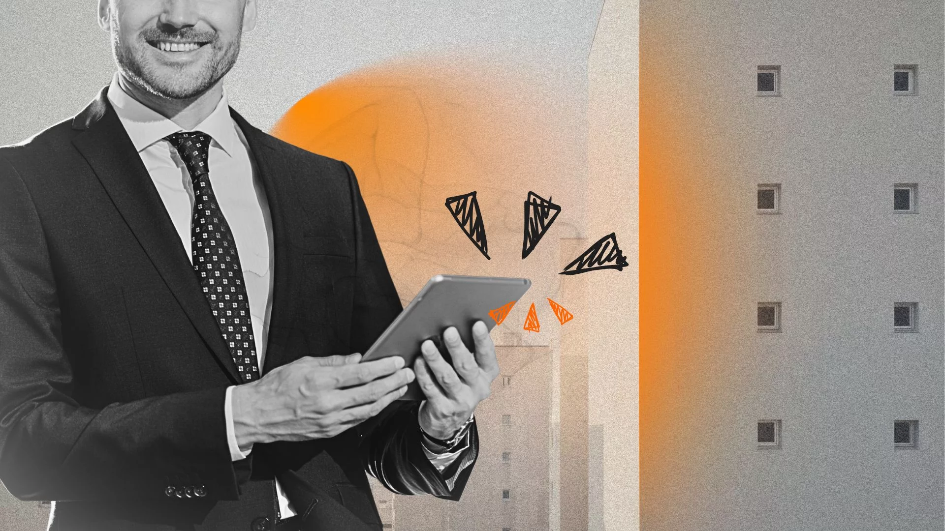 Za co płacimy agentom nieruchomości? Agent nieruchomości. W tle mieszkania w nowych blokach