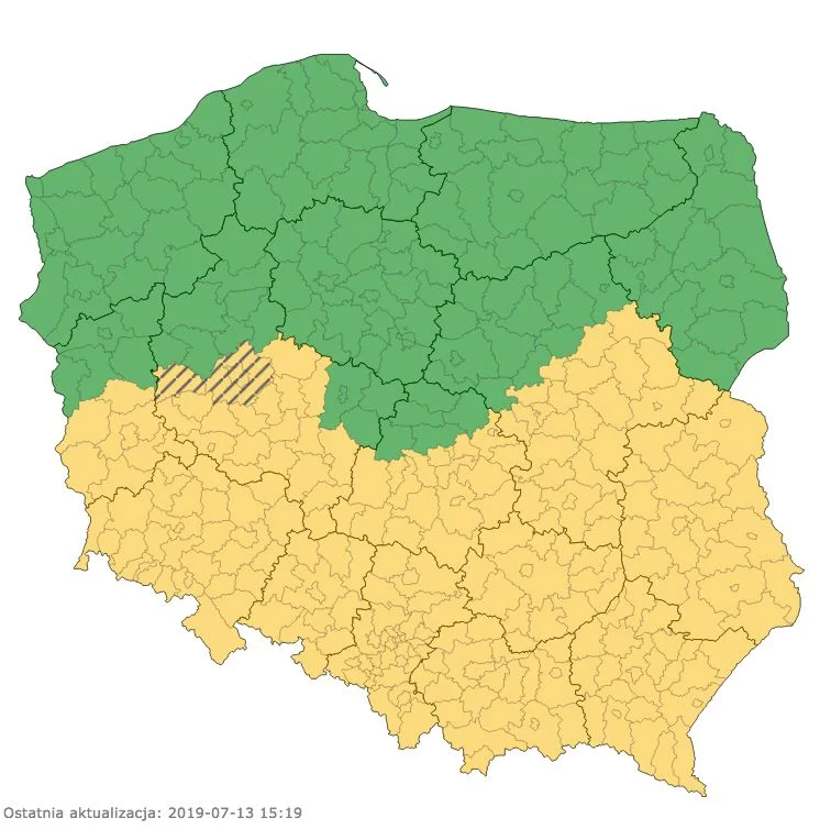 Na żółto oznaczony obszary, na których mają wystąpić burze z gradem