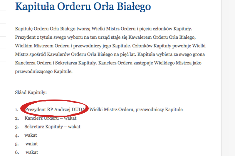 Andrzej Duda został sam w Kapitule Orderu Orła Białego