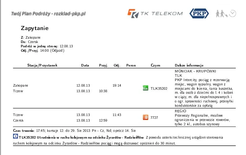 Oferta PKP dla podróżujących między Zakopanem a Czerskiem