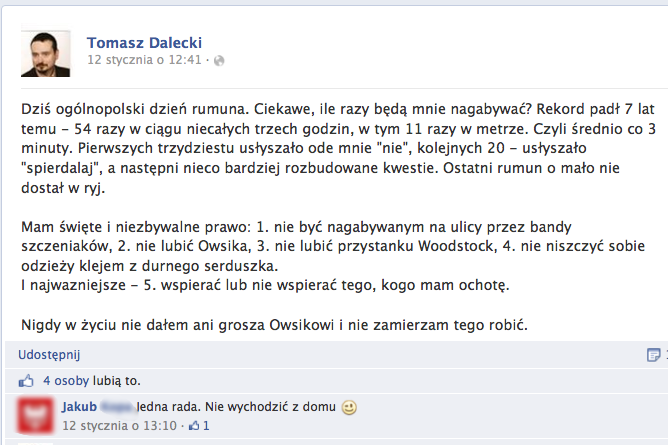 Tomasz Dalecki, rzecznik prasowy Kongresu Nowej Prawicy WOŚP nazywa "ogólnopolskim dniem rumuna".
