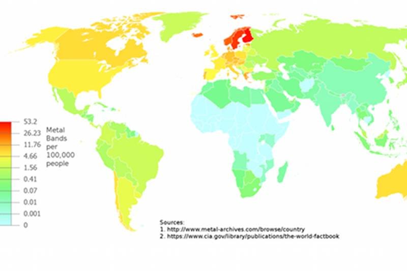Ta mapa pokazuje liczbę zespołów metalowych na świecie