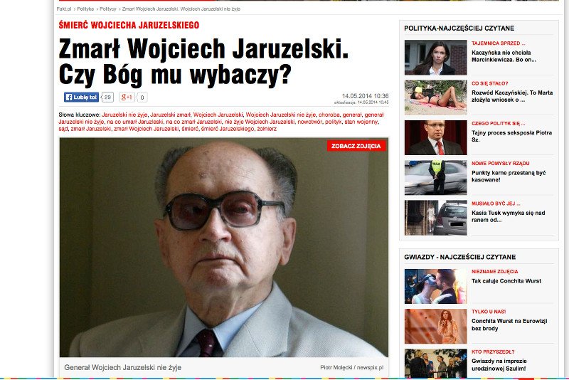 "Fakt" uśmiercił gen. Wojciecha Jaruzelskiego. "Czy Bóg mu wybaczy?"