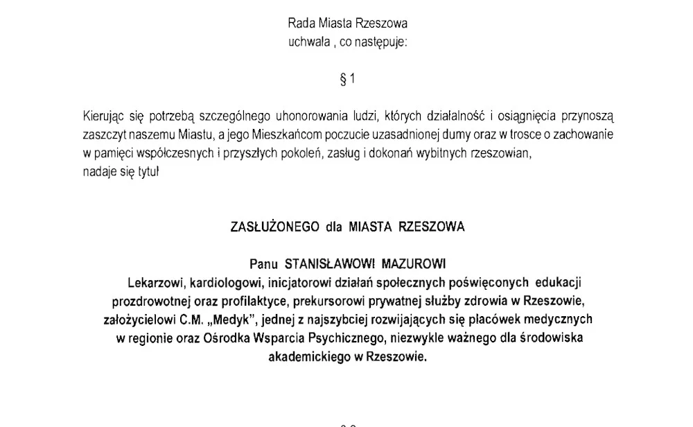 Uchwała Rady Miasta Rzeszów ws. uhonorowania Stanisława Mazura, 2013 r.