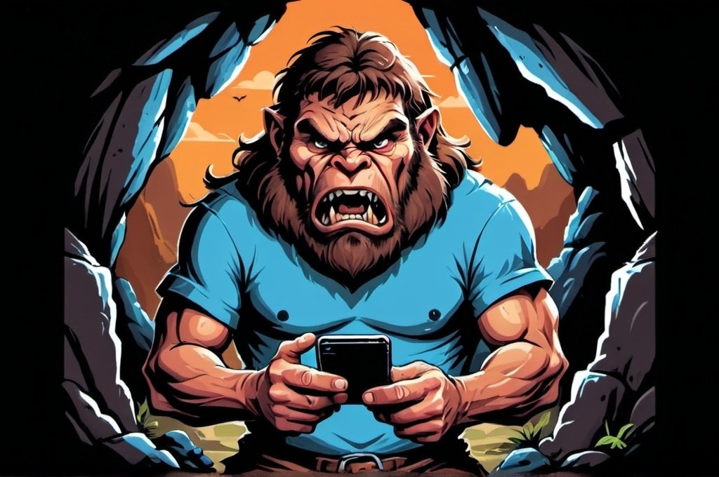 Prehistoryczny, rozgniewany mężczyzna w tshircie w jaskini. W dłoni ma telefon.