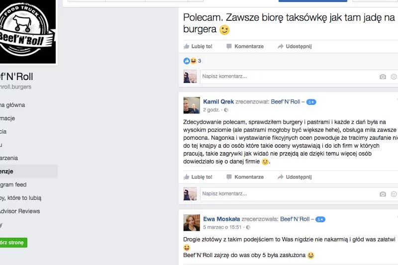 Pozytywne komentarze na fanpage Beef'n'Roll