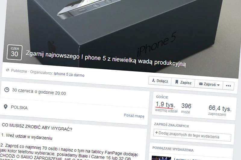 "Zgarnij najnowszego I phone 5 z niewielką wadą produkcyjną" - tak oszuści znowu naciągają tysiące Polaków na Facebooku.