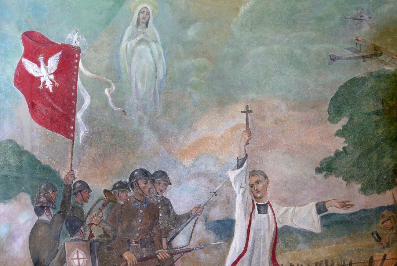 Obraz przedstawiający bitwę warszawską w świątyni katolickiej w Biłgoraju.